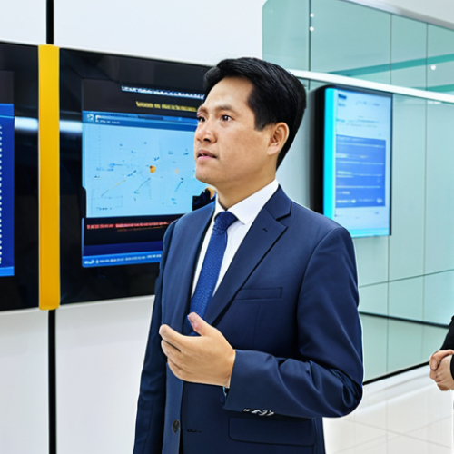 A professional Vietnamese government official, fully clothed in a modest, modern business suit, stands in a brightly lit, contemporary digital government service center. In the background, citizens are calmly interacting with user-friendly digital kiosks and large screens display transparent public service data. The scene emphasizes efficiency and technological advancement in public administration. Perfect anatomy, correct proportions, natural pose, well-formed hands, proper finger count, natural body proportions, professional photography, high quality, safe for work, appropriate content, fully clothed, professional.