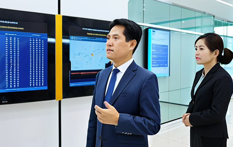 A professional Vietnamese government official, fully clothed in a modest, modern business suit, stands in a brightly lit, contemporary digital government service center. In the background, citizens are calmly interacting with user-friendly digital kiosks and large screens display transparent public service data. The scene emphasizes efficiency and technological advancement in public administration. Perfect anatomy, correct proportions, natural pose, well-formed hands, proper finger count, natural body proportions, professional photography, high quality, safe for work, appropriate content, fully clothed, professional.