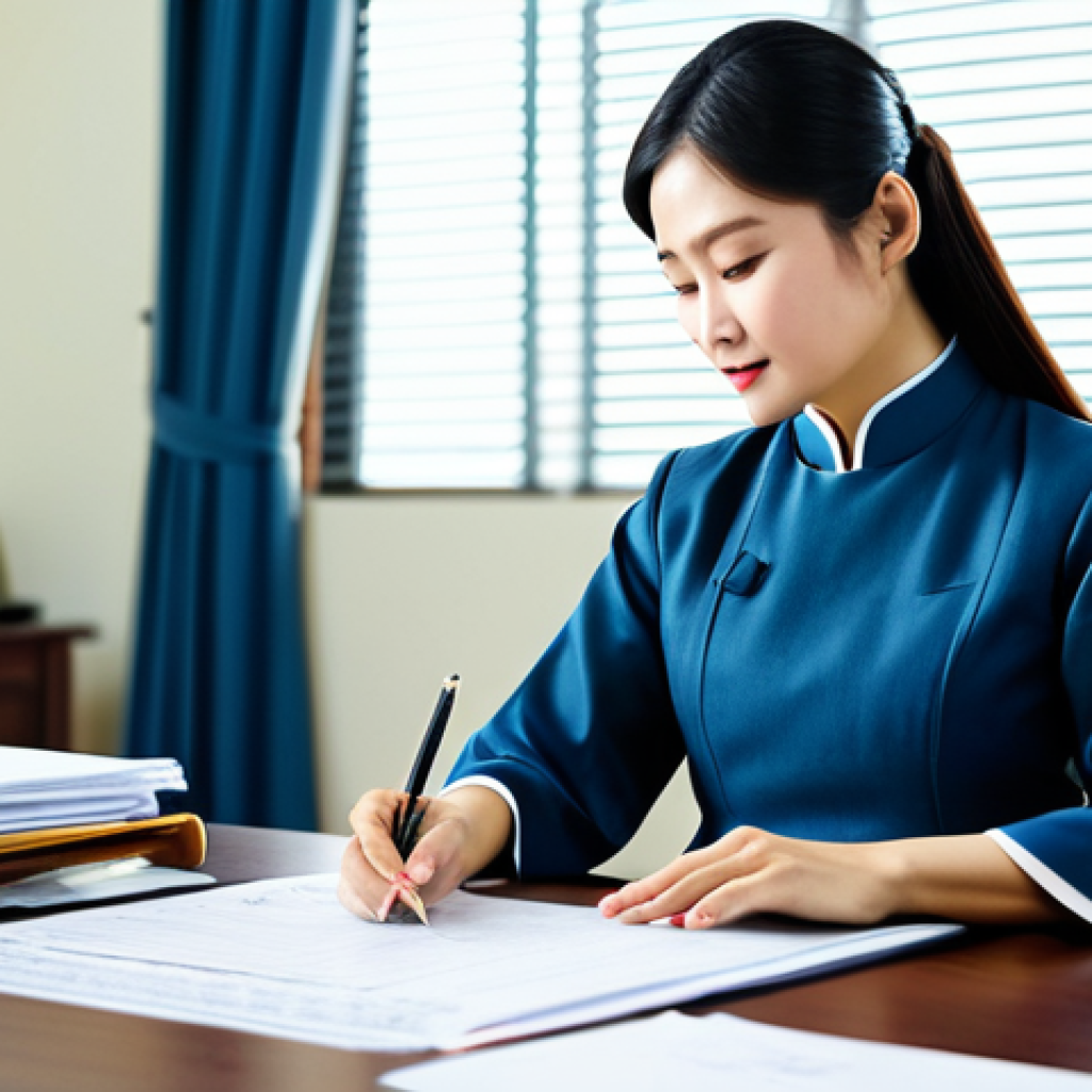 행정과 정책의 비즈니스적 접근 - **Prompt:** "A government official in Vietnam, fully clothed in a professional Ao Dai, reviewing bud...