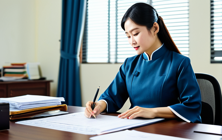 행정과 정책의 비즈니스적 접근 - **Prompt:** "A government official in Vietnam, fully clothed in a professional Ao Dai, reviewing bud...