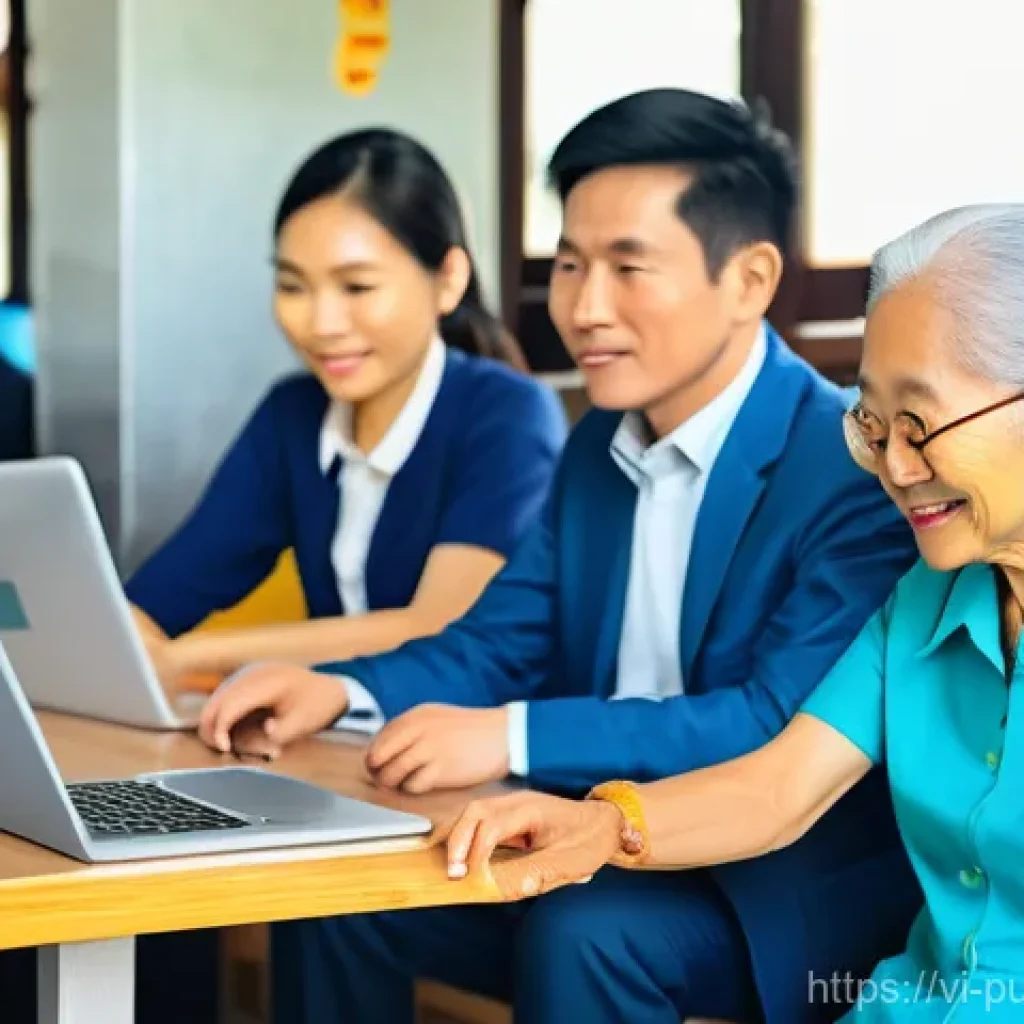 정부의 관리 및 평가 - A vibrant and modern scene in Vietnam, illustrating seamless digital public services. A diverse grou...