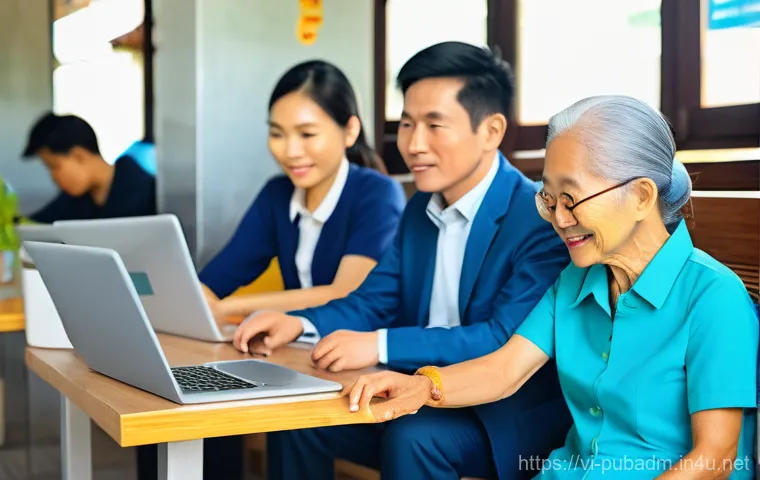 정부의 관리 및 평가 - A vibrant and modern scene in Vietnam, illustrating seamless digital public services. A diverse grou...