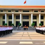 행정학에서의 글로벌 비교 연구 - A contemporary Vietnamese government building with subtle traditional architectural elements, where ...