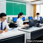 공공 행정과 윤리 - A modern Vietnamese government office scene showing dedicated civil servants in business attire, wor...