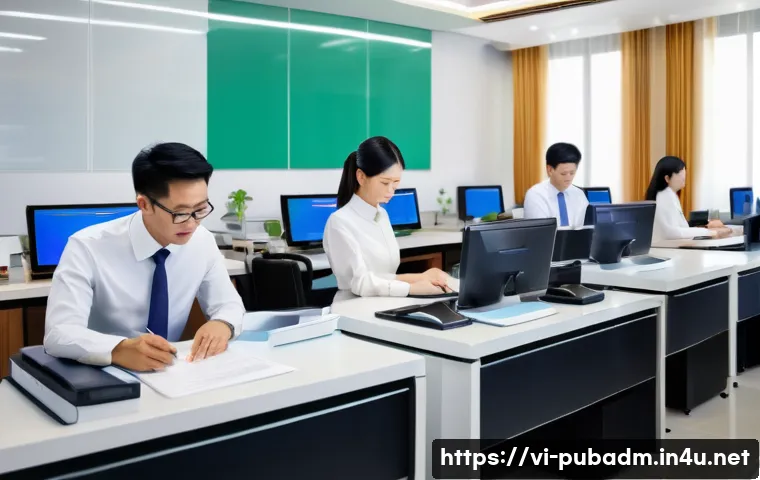 공공 행정과 윤리 - A modern Vietnamese government office scene showing dedicated civil servants in business attire, wor...