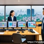 행정에서의 경제학적 접근 - A modern Vietnamese government office scene illustrating efficient resource allocation: diverse publ...