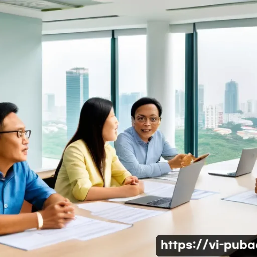 정부 정책의 지속가능성 - A modern Vietnamese urban planning meeting scene showing diverse community members, including busine...