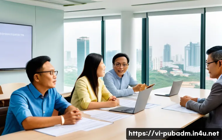 정부 정책의 지속가능성 - A modern Vietnamese urban planning meeting scene showing diverse community members, including busine...