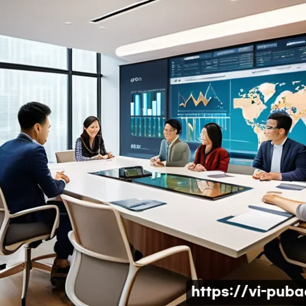 행정과 재정 관리 - A modern Vietnamese corporate office scene showing a diverse team of professionals collaborating aro...