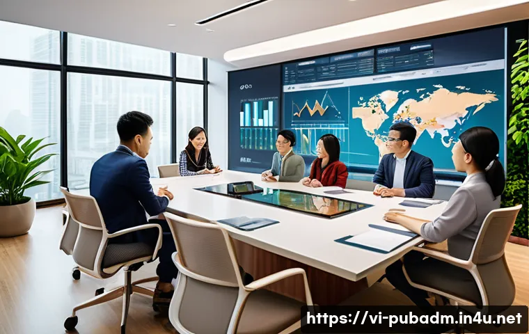 행정과 재정 관리 - A modern Vietnamese corporate office scene showing a diverse team of professionals collaborating aro...