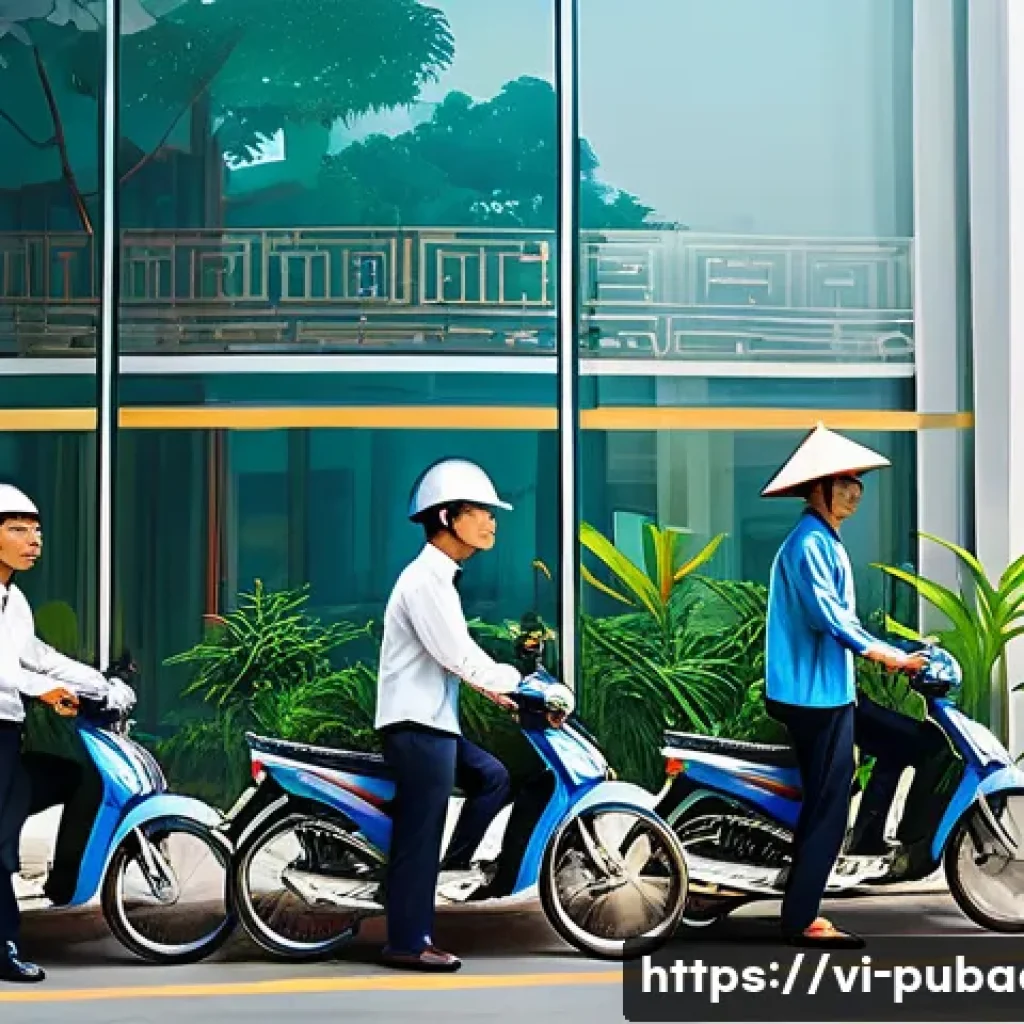 행정학 국제적 비교 - A vibrant, detailed illustration of a modern Vietnamese public administration office blending tradit...