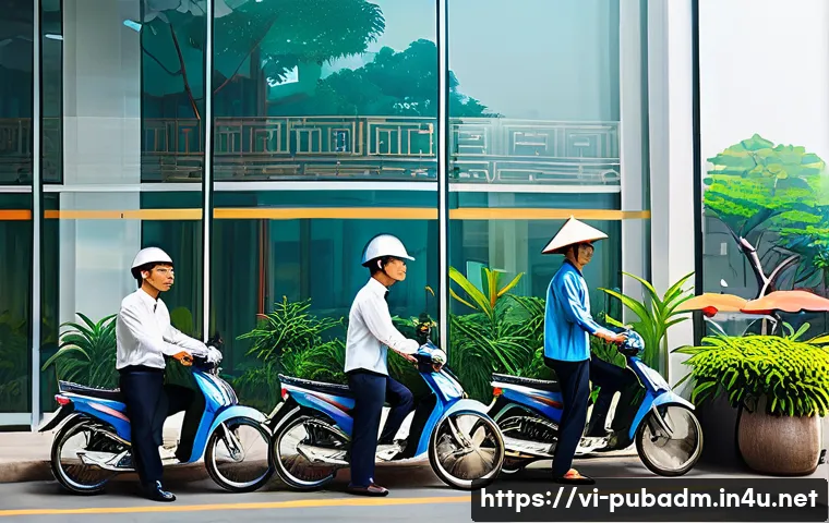 행정학 국제적 비교 - A vibrant, detailed illustration of a modern Vietnamese public administration office blending tradit...