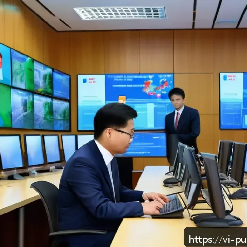 행정 혁신 이론 - A modern Vietnamese government office scene showing public officials in professional attire working ...