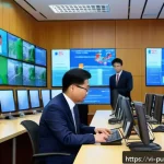 행정 혁신 이론 - A modern Vietnamese government office scene showing public officials in professional attire working ...