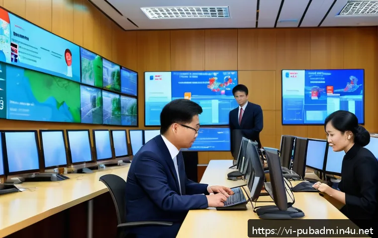 행정 혁신 이론 - A modern Vietnamese government office scene showing public officials in professional attire working ...