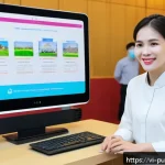 정부의 대민 서비스 향상 - A modern Vietnamese government service center with diverse citizens using digital kiosks and mobile ...