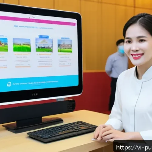 정부의 대민 서비스 향상 - A modern Vietnamese government service center with diverse citizens using digital kiosks and mobile ...