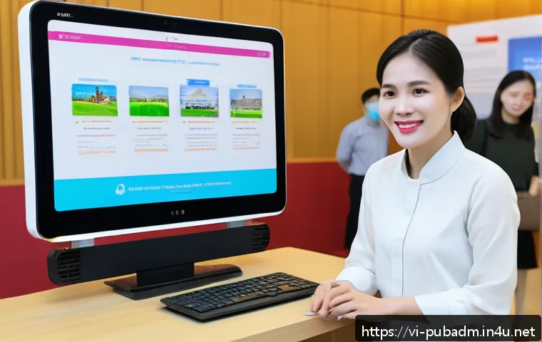 정부의 대민 서비스 향상 - A modern Vietnamese government service center with diverse citizens using digital kiosks and mobile ...
