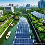 공공행정학의 연구 동향 - A modern Vietnamese urban park scene during daytime, featuring lush green trees, natural water drain...