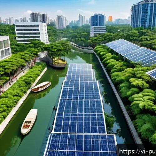 공공행정학의 연구 동향 - A modern Vietnamese urban park scene during daytime, featuring lush green trees, natural water drain...