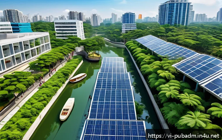 공공행정학의 연구 동향 - A modern Vietnamese urban park scene during daytime, featuring lush green trees, natural water drain...