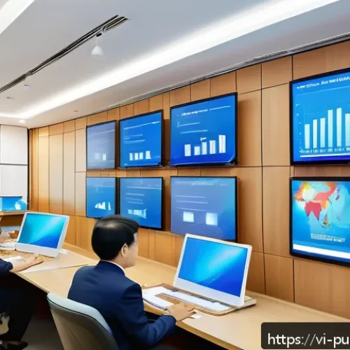디지털 정부 정책 - A modern Vietnamese government office scene showing diverse government officials wearing professiona...
