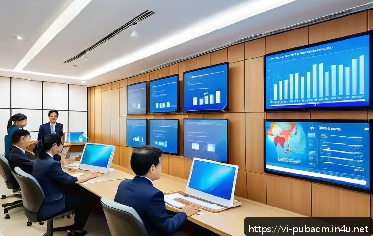 디지털 정부 정책 - A modern Vietnamese government office scene showing diverse government officials wearing professiona...