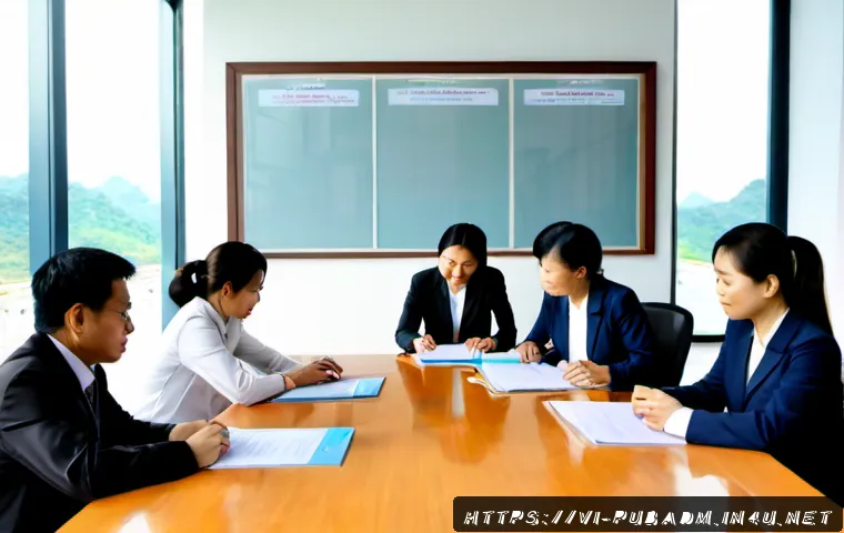Home 17 공공기관 관리 이론 - Photorealistic public administration management scene in Vietnam, diverse Vietnamese civil servants ...